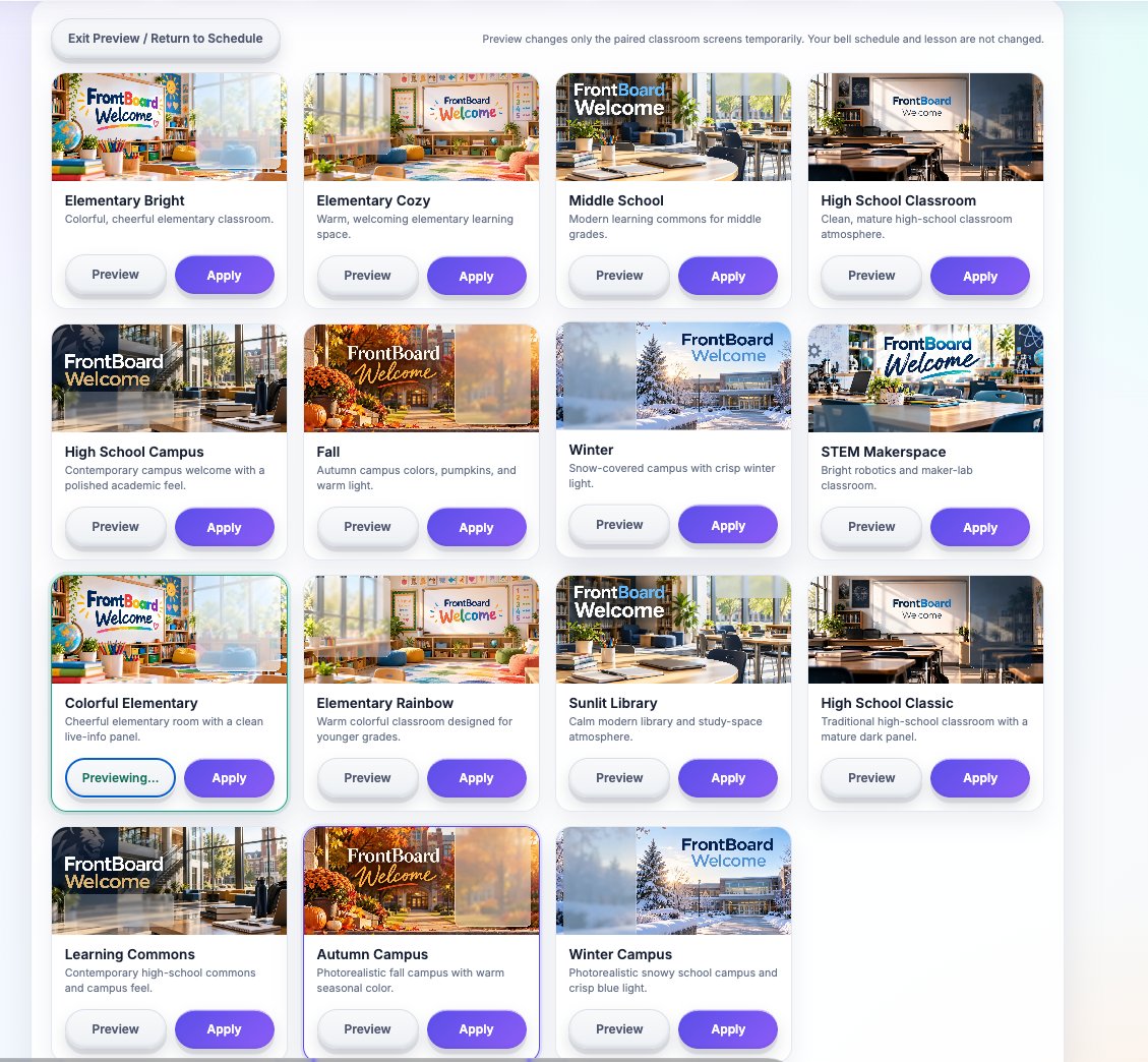 FrontBoard teacher dashboard showing a gallery of welcome backgrounds with Preview and Apply buttons