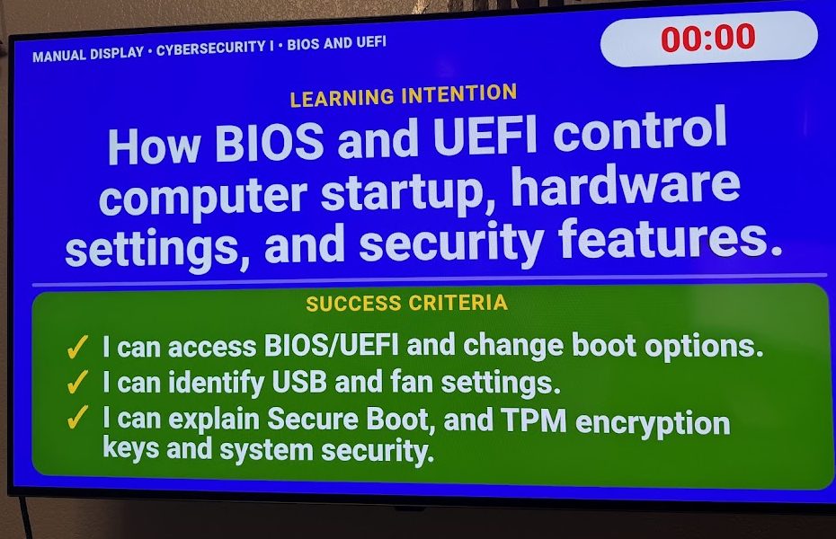 FrontBoard display showing a BIOS and UEFI learning intention with three success criteria