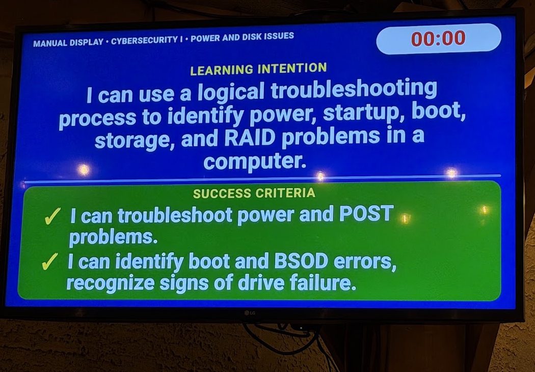 FrontBoard combined view on a TV: a learning intention about troubleshooting and two success criteria