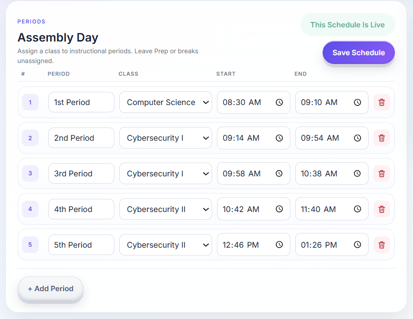 FrontBoard teacher dashboard showing the Assembly Day schedule with five periods, each assigned a class with start and end times